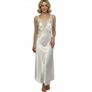 Linea Donatella Ivory White Lace Beaded Satin Chemise Slip Nightie Size Large